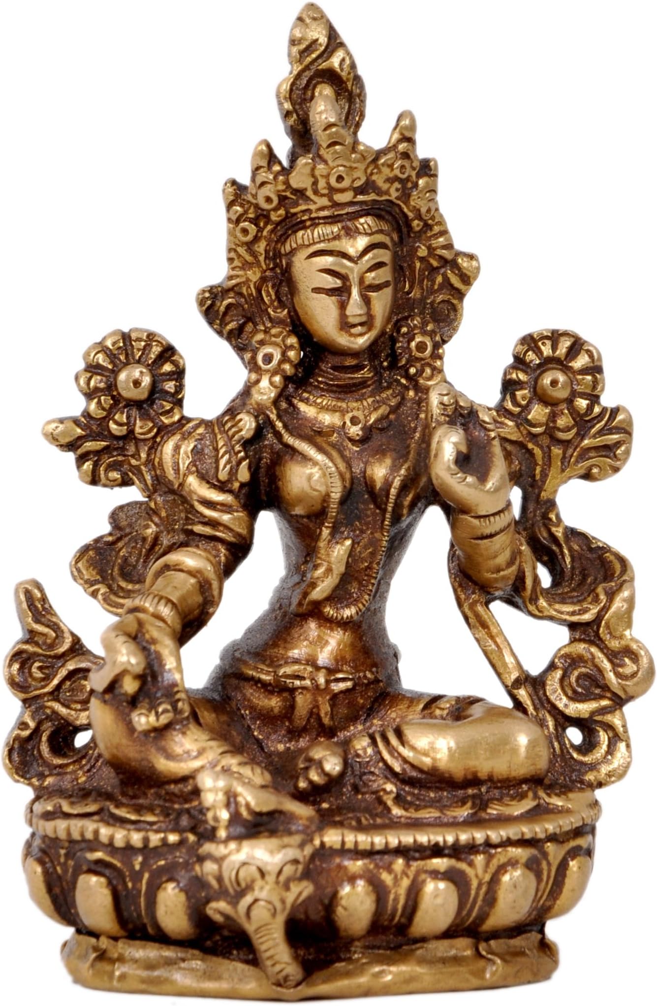 Aesthetic Decors Goddess Tara Sitting on Base Showpiece - 9.5 cm (Brass, Gold)