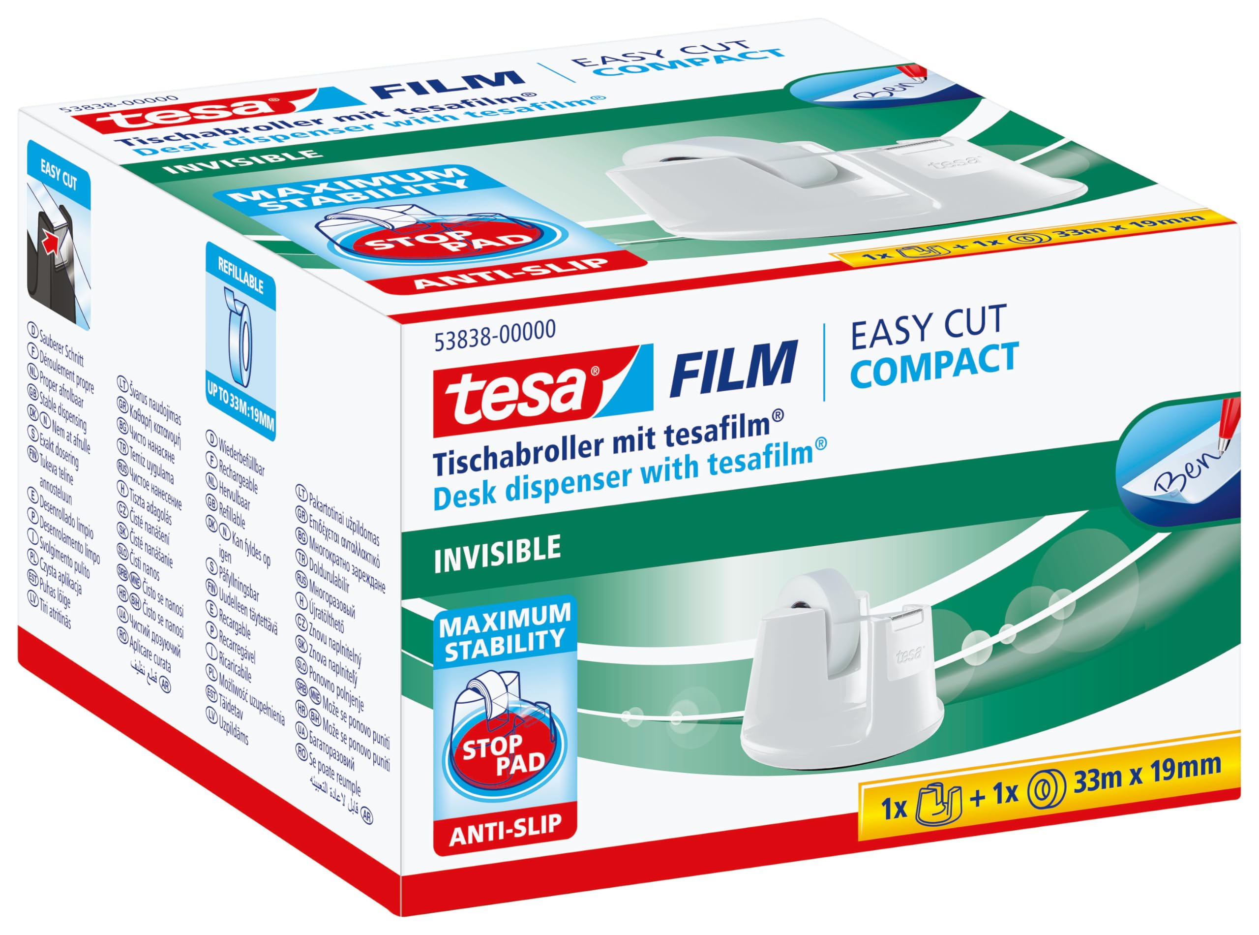 tesa Easy Cut Desk Dispenser Compact White + 1 rol tesafilm Invisible 33M x 19MM