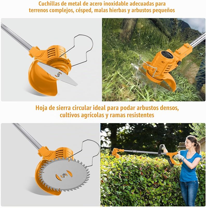 Desbrozadora Batería, Desbrozadora Electrica 21V, Recortadora de Cortabordes Bateria con 2 Baterías 2000 mAh, 2 Tipos de Cuchillas, 11000 RPM y Motor, Mango Telescópico 85-120 cm
