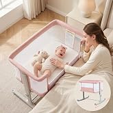 INFANS 3 in 1 Baby Bassinet Bedside Sleeper with Manual Rocking, Pink | Portable Newborn Crib with All Mesh Sides, Comfy Mat, Adjustable Heights, Wheels, Travel Bag, Easy Setup