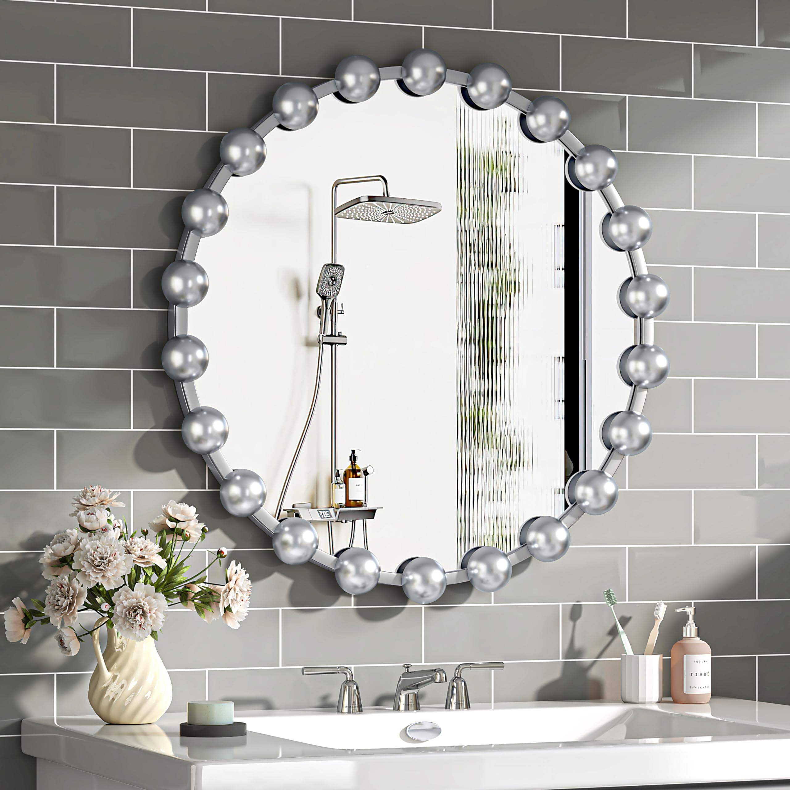 Photo 1 of COGOOD Silver Round Decor Mirror - 24 Inch Circle Frame Beaded Decorative Wall Mirror for Living Room, Entryway, Vanity, Bathroom, Silver