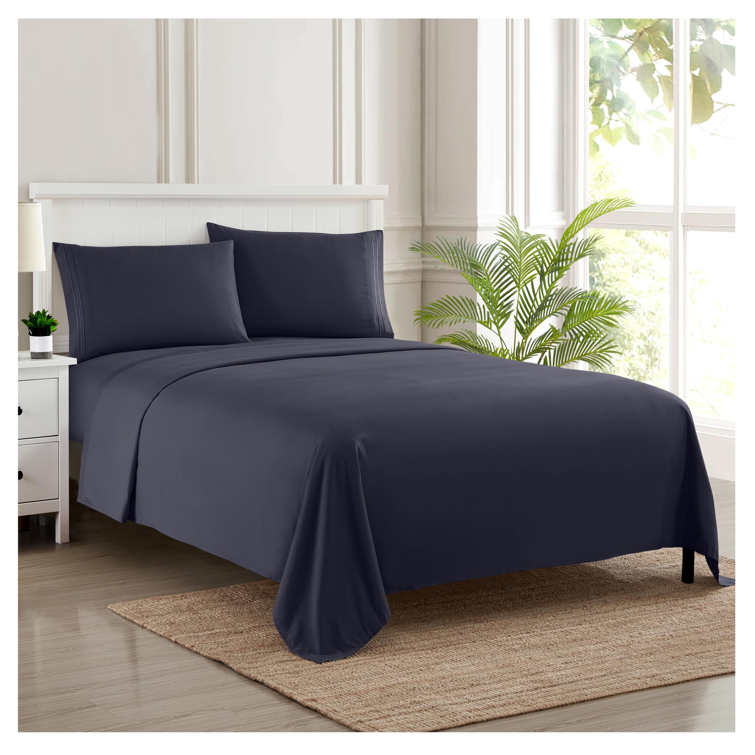 Sweet Home Collection Luxury Bedding Set with Flat, Fitted Sheet, 2 Pillow Cases, Fine Double Brushed Microfiber, Navy, Twin XL
