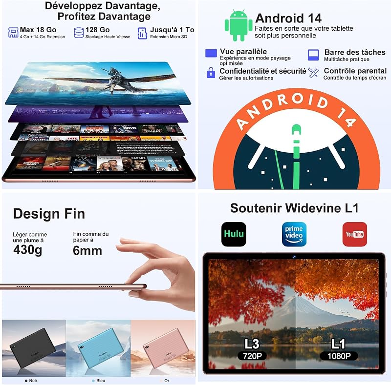 Tablet 10 Pollici Android con 18GB RAM + 128GB ROM(TF 1TB), HD Tablet con 5G Wi-Fi 6, Widevine L1, Octa-Core 1.8 GHz, USB-C, BT 5.0, 6000mAh,Custodia, Oro Rosa