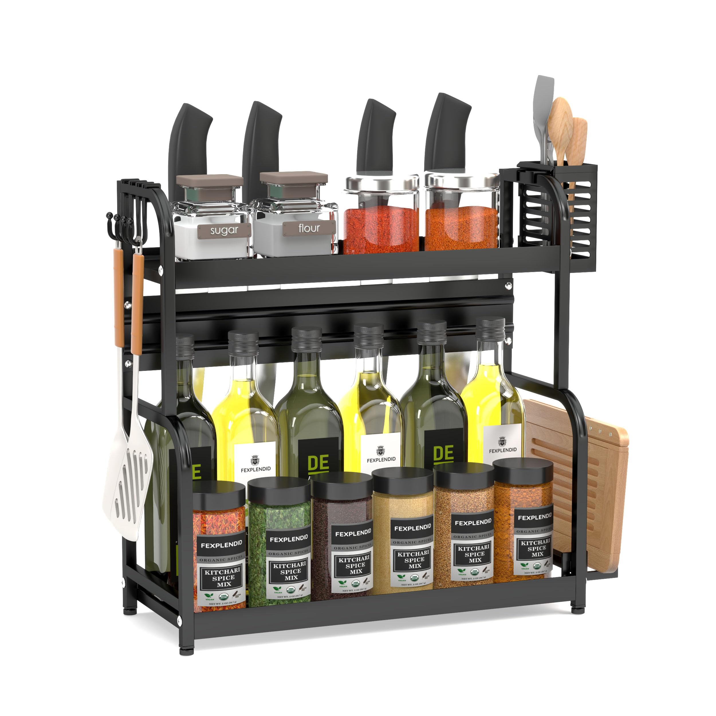 FEXPLENDID Spice Rack with Utensil Holders, Steel inox, Freestanding Spices Shelf & Countertop Seasoning Organizer for Kitchen spice storage, shelf organizer with accessories (2-TIER)