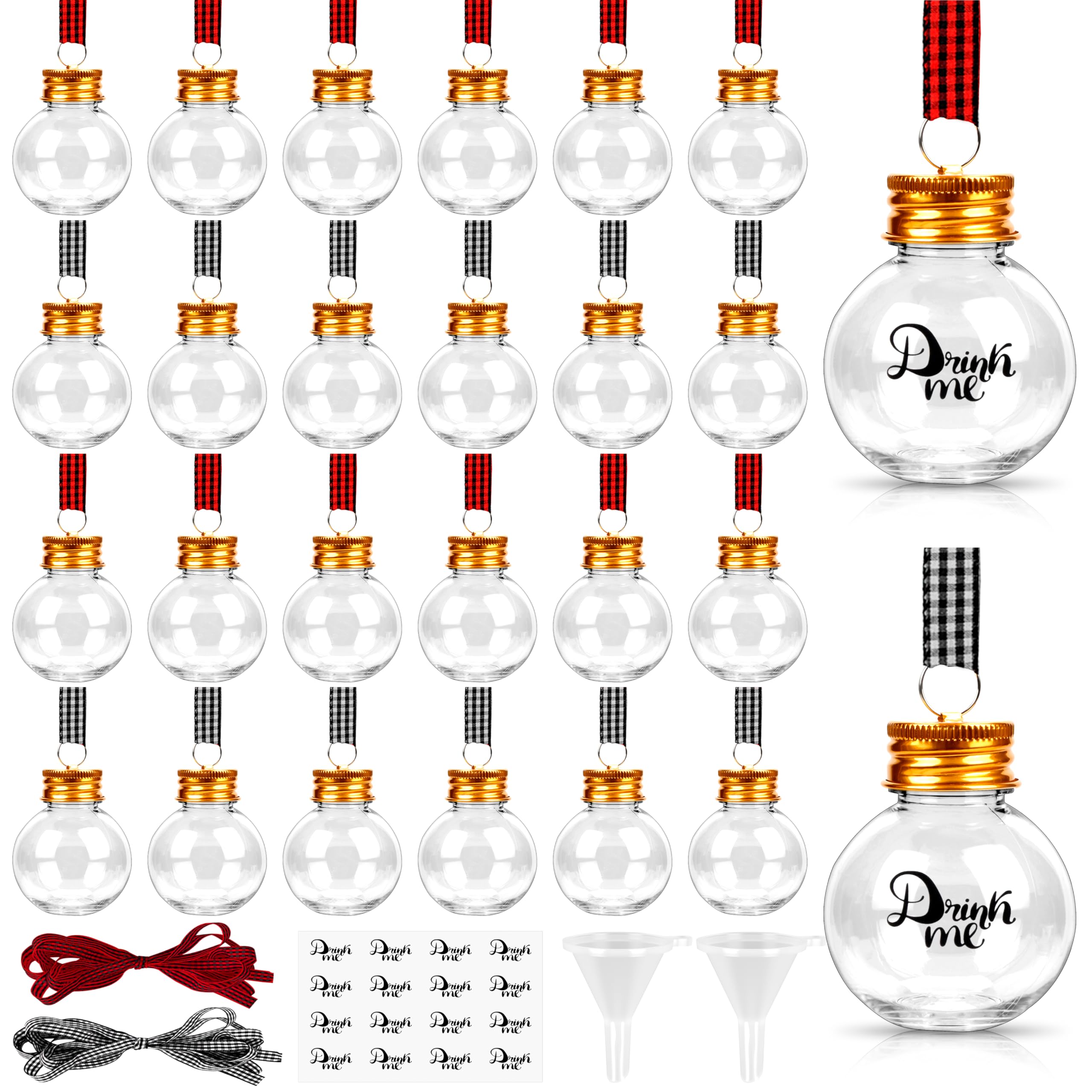 Photo 1 of 32 Pack Christmas Booze Balls, Fillable Christmas Tree Hanging Ornaments Clear Plastic Water Bottle Bulbs Pendant Ball with Plaid Ribbon and Stickers for Xmas Home Party Decor(Ball)