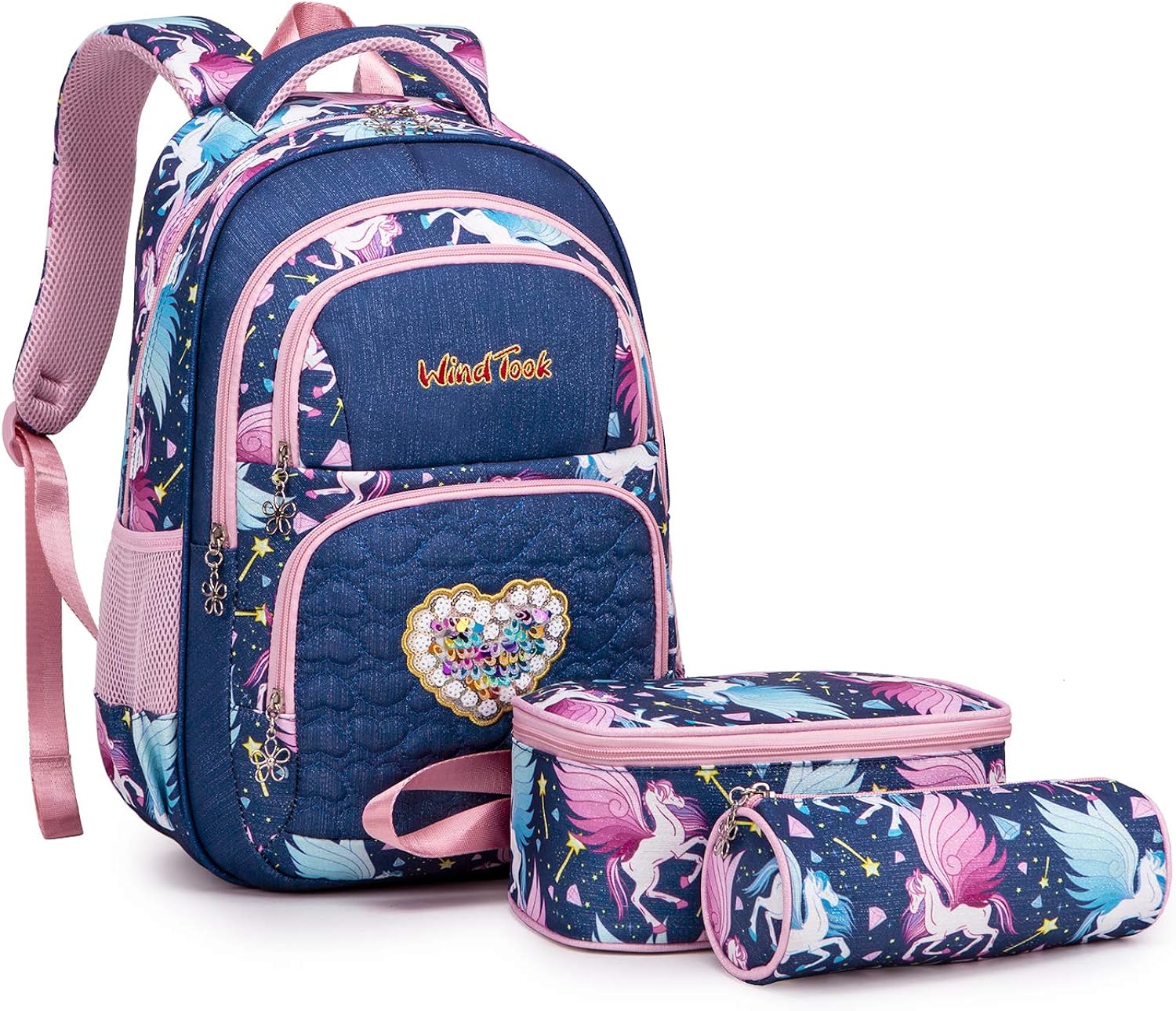 Wind Took Kinderrucksack Schulrucksack 3-TLG Schultasche Teenager Rucksack Backpack Mädchen Jungen Kinder Schultaschen-Sets mit Brotdose und Federmäppchen (Königsblau)