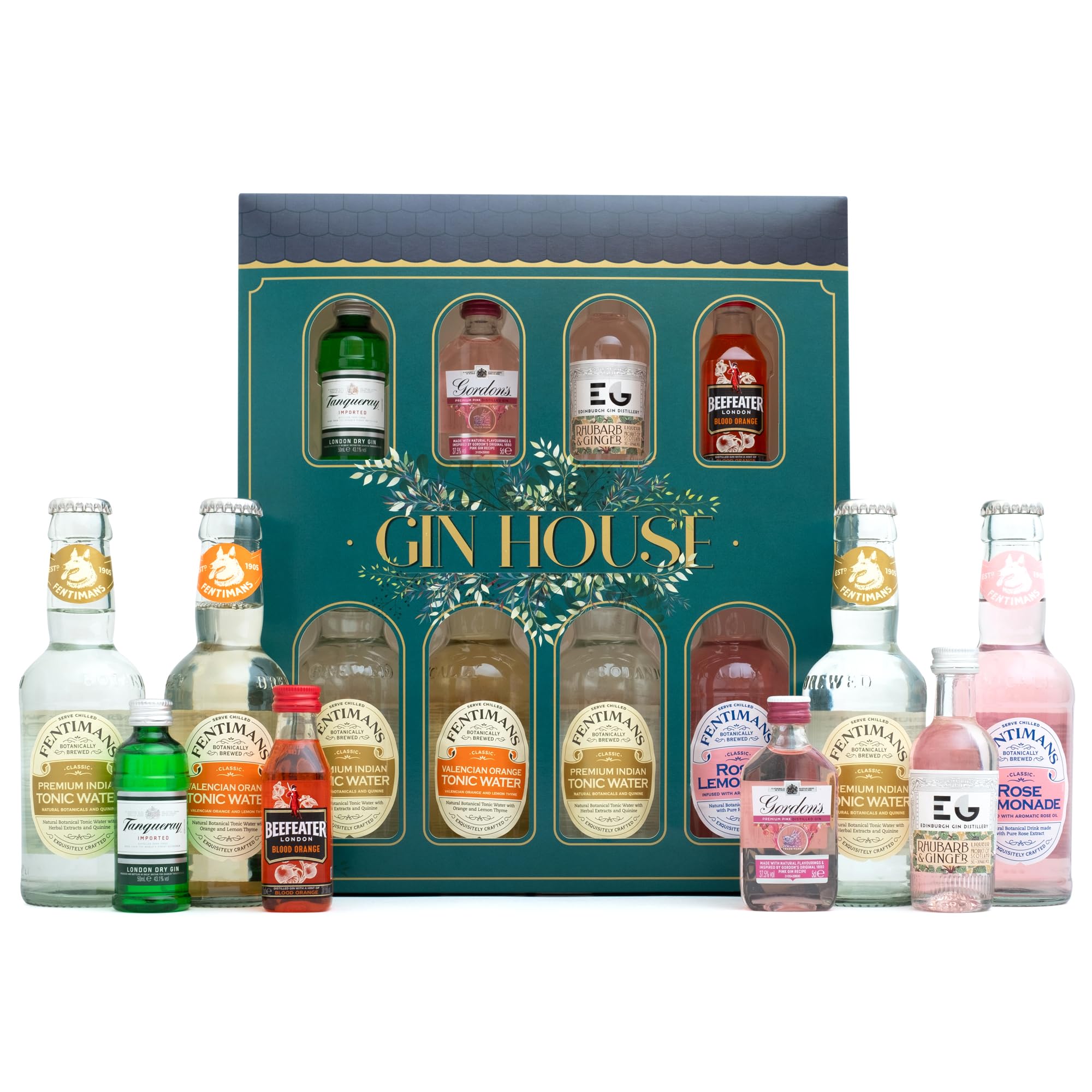 Gin Gift Set - Flavoured Gin 4x5cl Gordons Pink Gin, Edinburgh Gin Rhubarb and Ginger, Tanqueray Gin, Beefeater Blood Orange Gin, 4x125ml Fentimans Cocktail Mixers - Birthday Gin Gifts for Women, Men