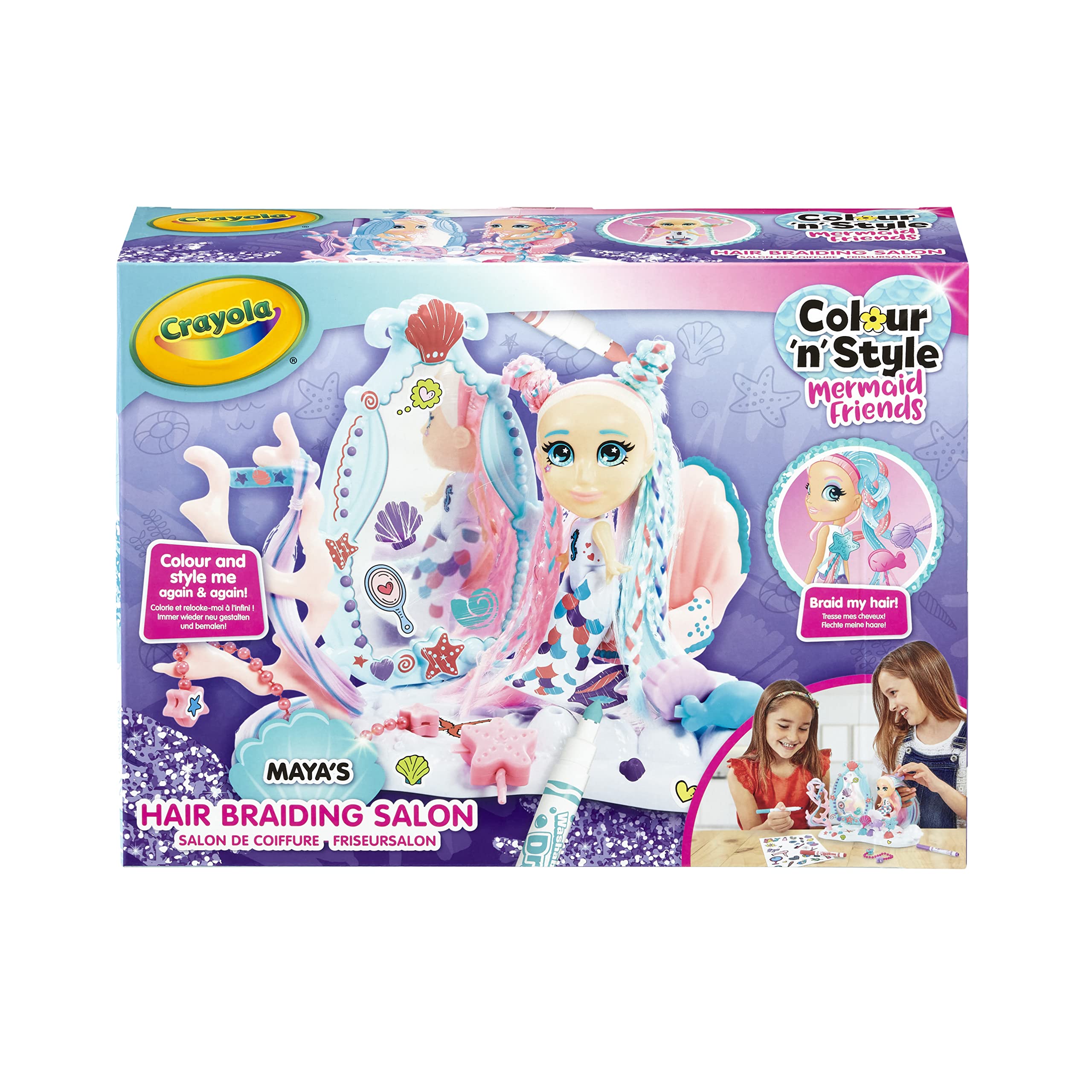 CRAYOLA Colour 'n' Style Mermaid Friends: Hair Braiding Salon Playset | Colour & Style Your Own Mermaid, Again and Again! (Includes Magic Dry-Erase Pens) | Ideal For Kids Aged 3+