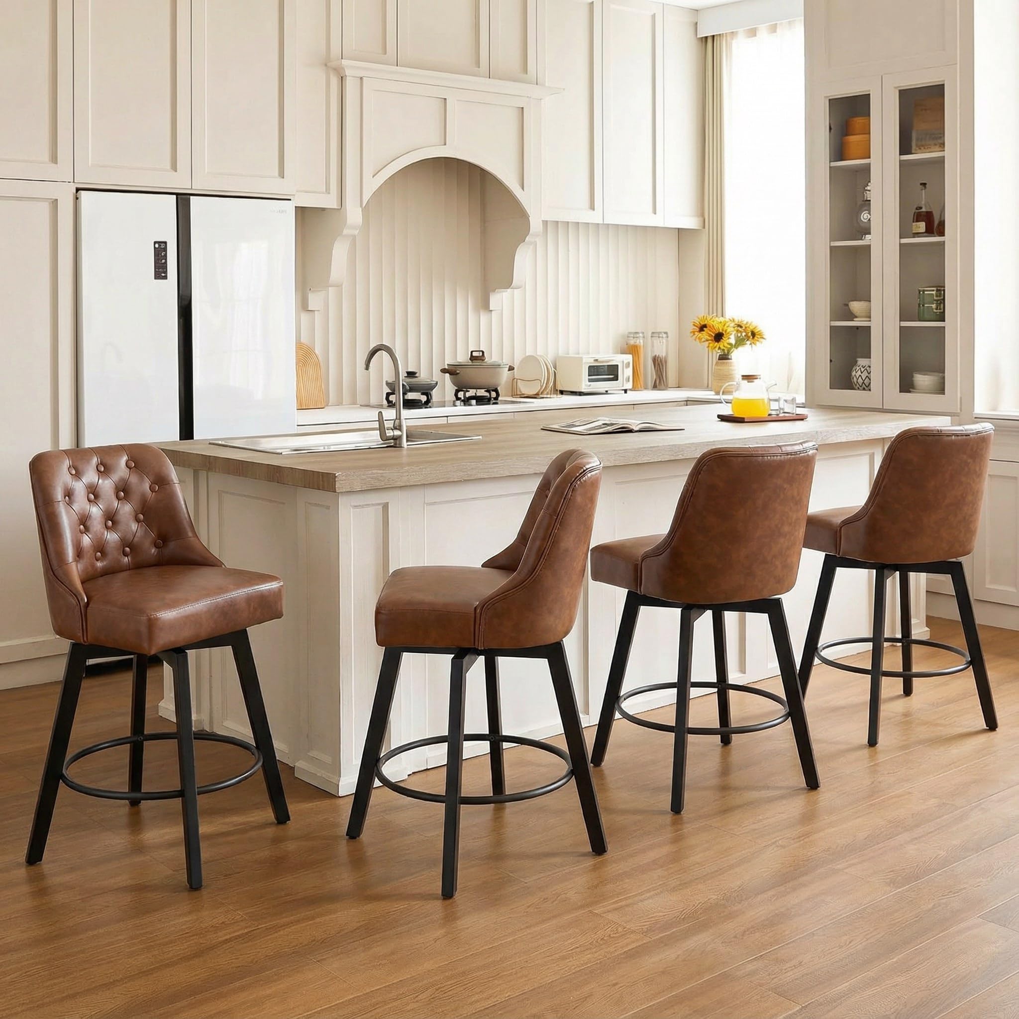 Photo 1 of ***PARTIAL SET*** KISLOT Counter Height Swivel Barstools with Back,26" H Seat Height Upholstered Bar Stools for Kitchen Island,Set of 4,Brown Leather