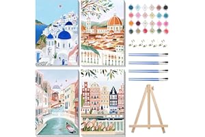 MISCER 4 Pack Framed Paint by Numbers Kit for Adults Beginners, Adult Paint by Number Kits On Canvas with Easel, Landscap Eas