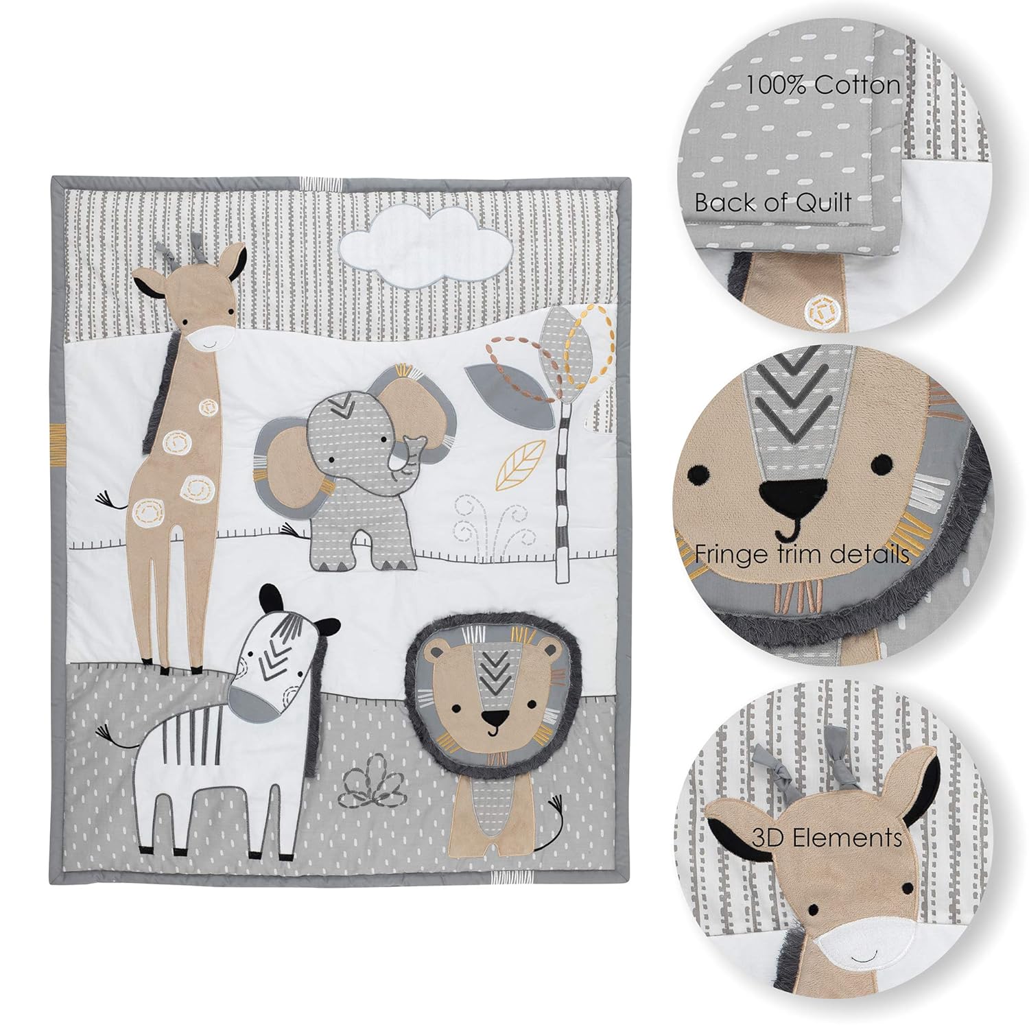 Lambs & Ivy Jungle Safari Gray/Tan/White Nursery 6Piece Baby Crib