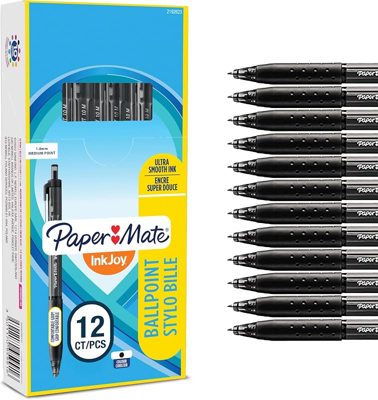 Caneta esferográfica retrátil paper mate inkjoy 300rt | ponta média (1,0mm) | preto | pacote de 12