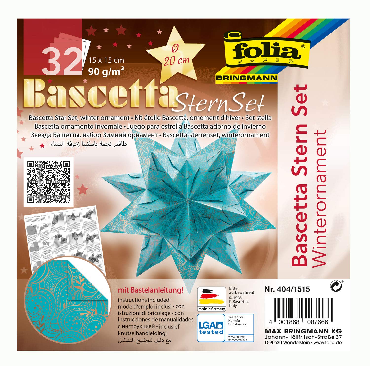 Folia 211/1010 Craft Set Bascetta Star Elegance Wildlife 32 Sheets 9.5 x 9.5 cm Finished Size of Paper Star Approx. 15 cm, with Detailed Instructions - Ideal