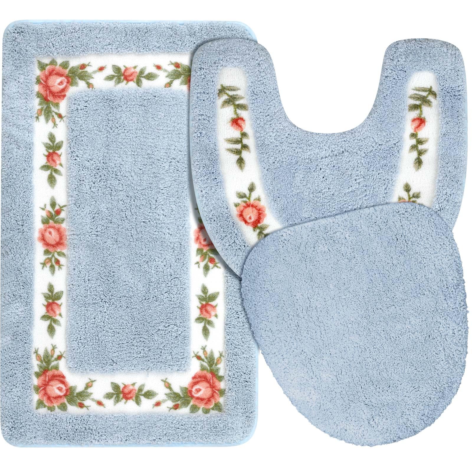 Photo 1 of Drydiet 3 Pcs Rose Flowers Bathroom Rugs Set Coquette Room Decor Floral Bath Mat U Shaped Toilet Rug Non Slip Absorbent Floral Bath Carpet (Blue)