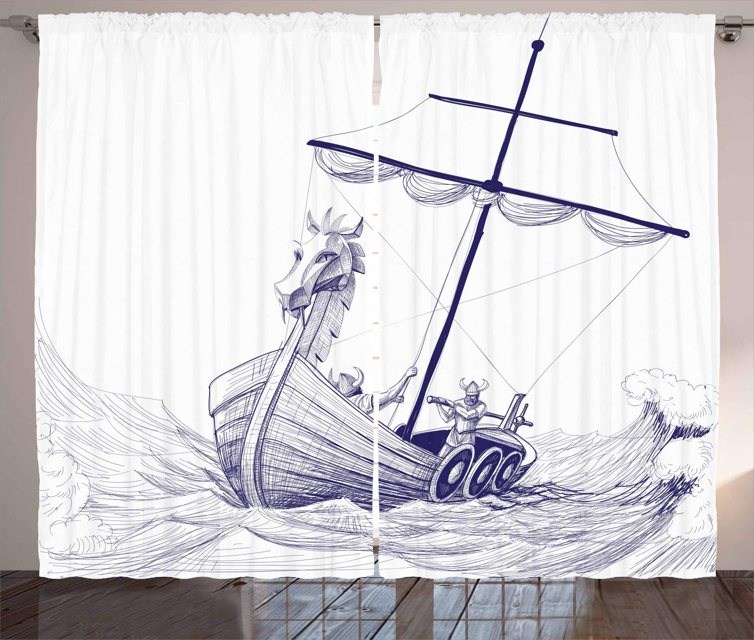 ABAKUHAUS Viking Rustic Curtain, Drakkar Long Boat Dragon, Bedroom Ruffle Tape Curtain with Loops and Hooks, 69 W X 110 L, Purple White — image 1