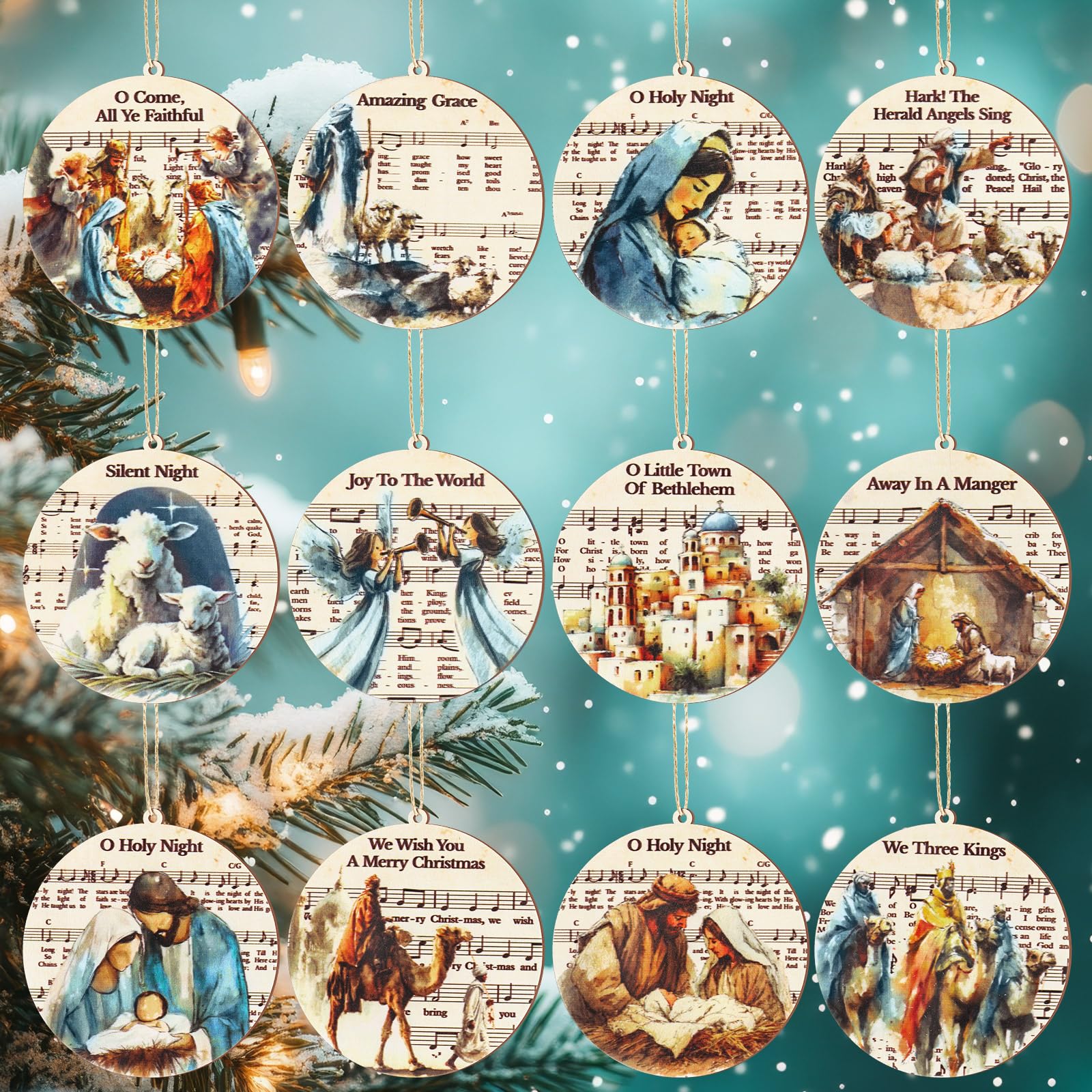 Photo 1 of Colingmill 24 Pcs Christmas Nativity Ornaments Religious Catholic Gifts Watercolor Manger Scene Nativity Music Sheet Holy Family Ornaments The Birth of Jesus Story Decor for Christmas Tree Decor