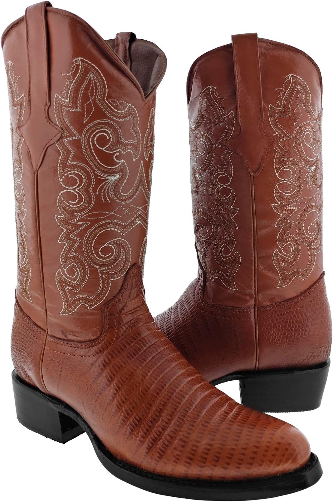 Team West - Men's Cognac Teju Lizard Print Leather Cowboy Boots Round Toe
