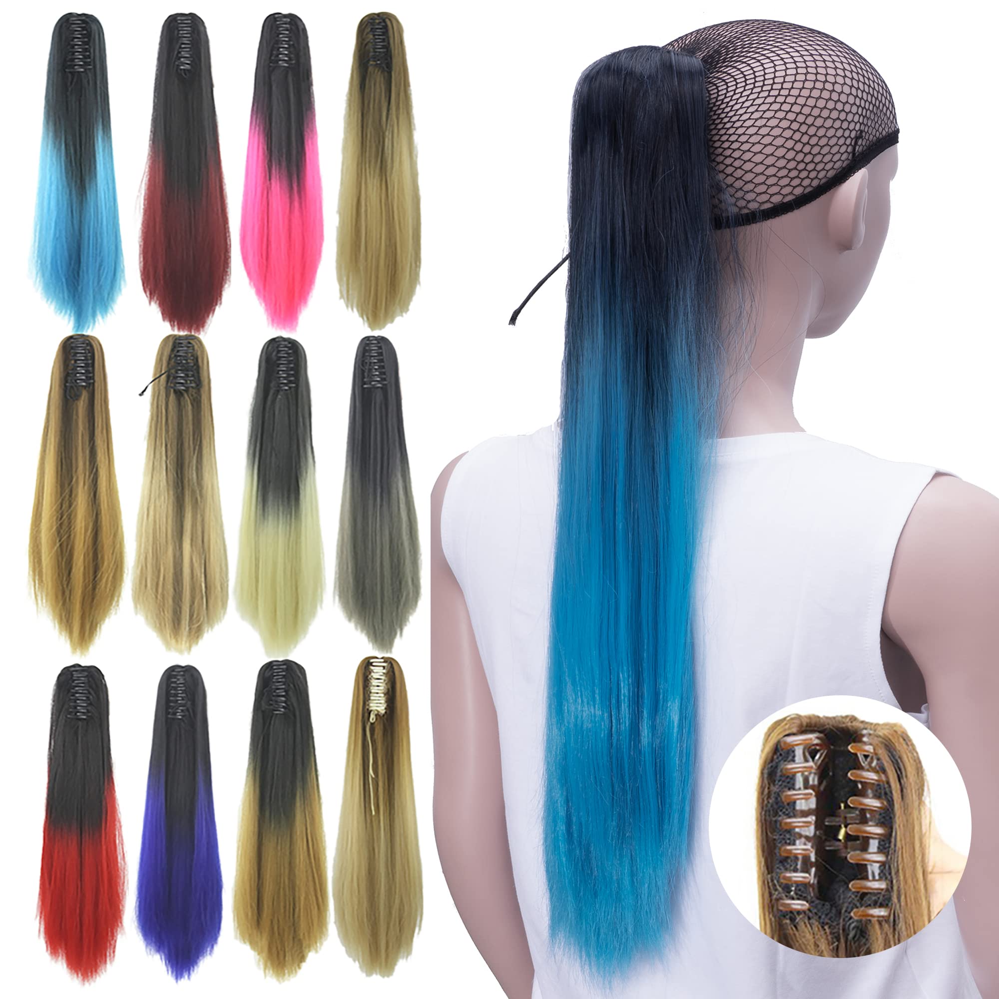 IMISSU Straight Clip on Hairpiece Extensions Pony Tail Clip Claw Ombre Ponytail Hair Pieces (Ombre Sky Blue)