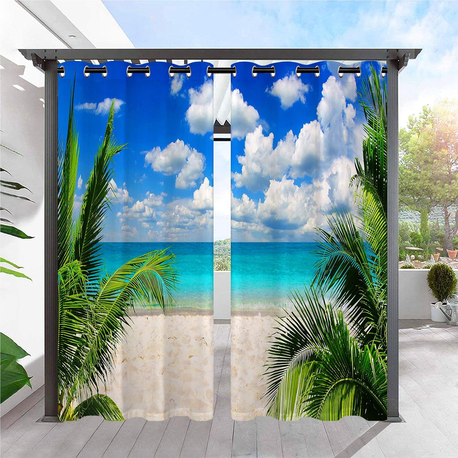 Outdoor Curtains - ANHOPE Outdoor Curtains - Grommet Waterproof Window Curtains with Tropical Beach Ocean Design Print Pattern Privacy Curtains for Patio/Pergola/Gazebo/Porch/Cabana/Deck, 2 Panels, 36 x 84 Inch