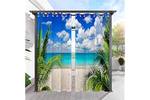 ANHOPE Indoor Outdoor Curtains, Grommet Waterproof Window Draps with Tropical Beach Ocean Design Print Pattern Privacy Curtains for Patio/Pergola/Gazebo/Porch/Cabana, 2 Panels, 54 x 108 Inch