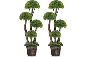 DREAMADE 3ft. Topiary Tree Artificial Outdoor Set of 2, Ball Shaped Tall Fake Cedar Plant in a Retro Cement Pot, Faux Cypress Topiary Tree Outdoor Indoor