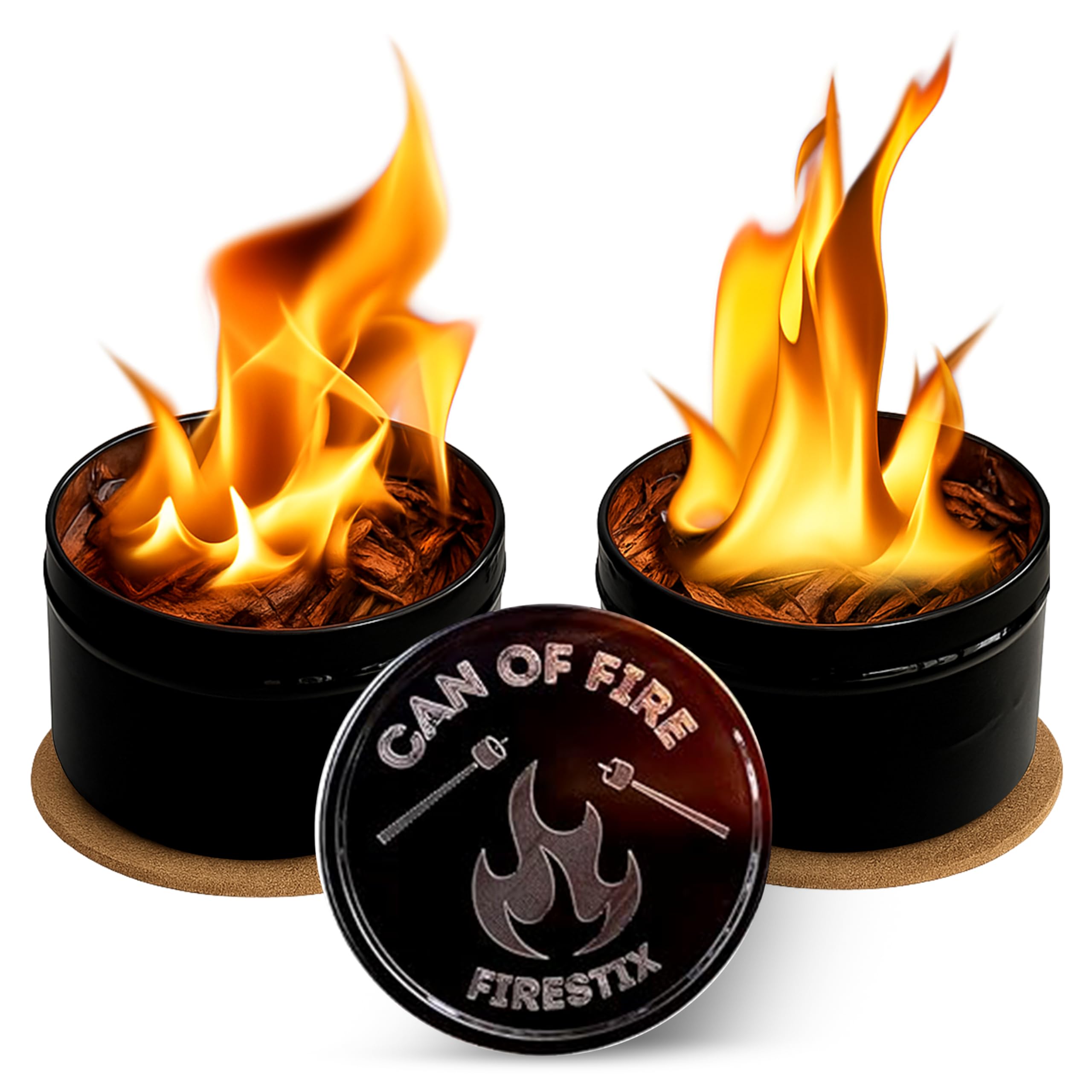 Photo 1 of [2-Pack] Can of Fire Tabletop Mini Bonfires – 2–3 Hour Burn Time – Made from Recycled Wood Chips & Paraffin Wax – Includes Safety Coasters – Reusable Flame for Camping, Ambiance, and Emergency Heat