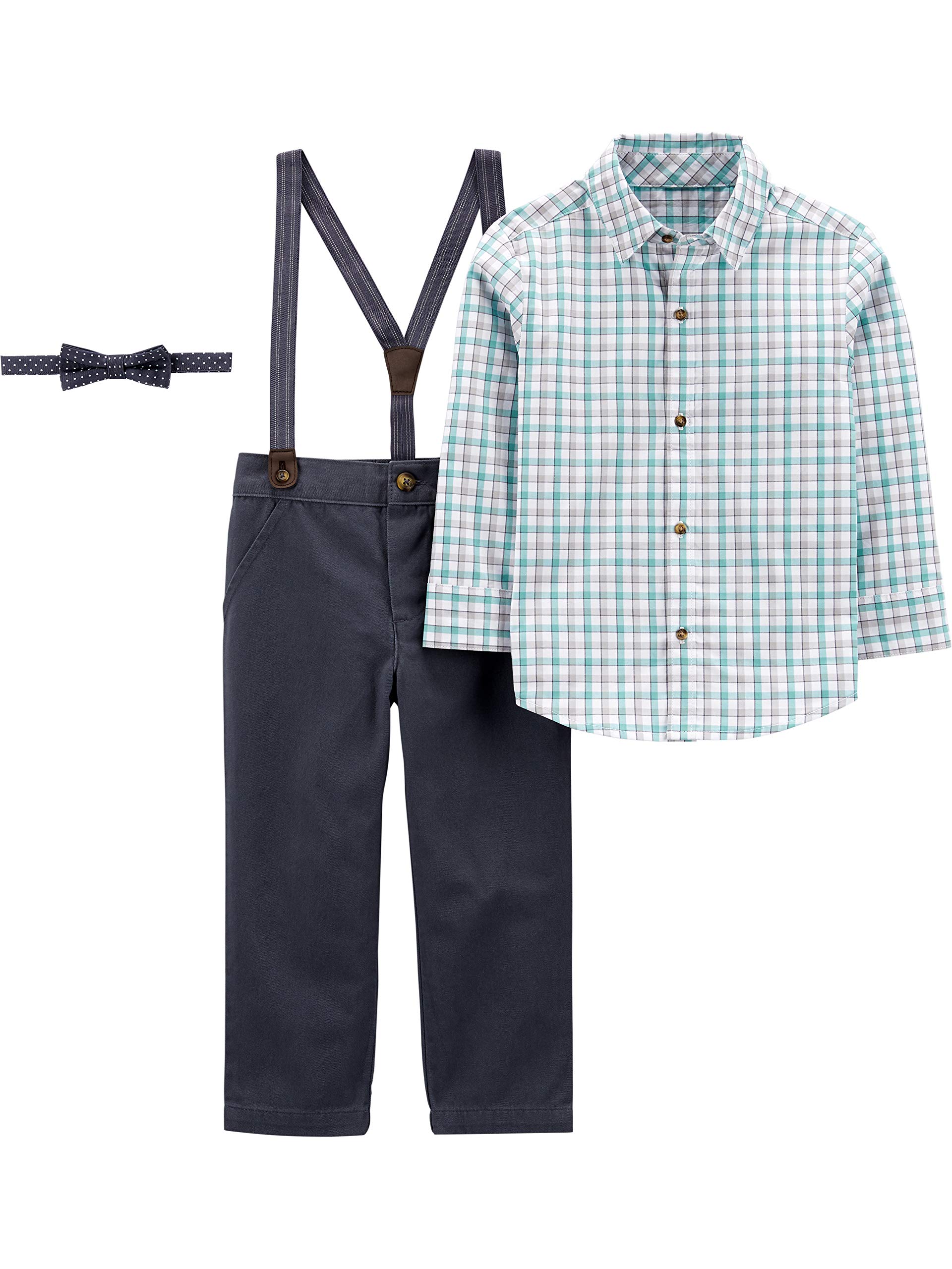 Photo 1 of Simple Joys by Carter's Baby Boys' 4-Piece Special Occasion Bow-tie and Suspender Pants Set, Charcoal/Green Grey Checked/Navy Dots, 5T