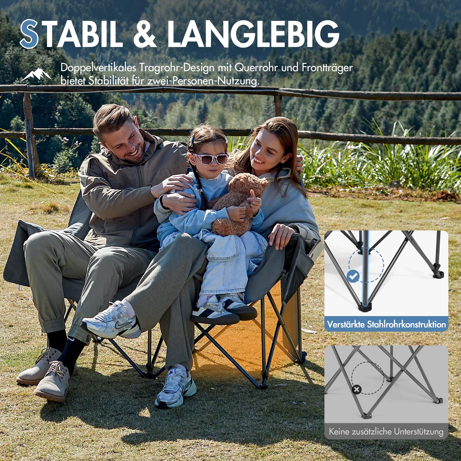 Portal Campingstuhl faltbar Campingsofa für 2 Personen 272kg belastbar Super Weich mit Lagerungstasche Doppel Klappstuhl Faltsofa Dick Gepolstert Hohe Rückenlehne für Outdoor Garten Balkon 4