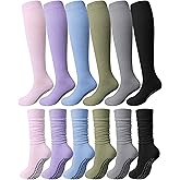 Eurzom 6 Pairs Long Pilates Socks with Grips for Women Tall Knee High Pilates Yoga Slouch Scrunch Non Slip Socks for Yoga Barre Workout Home Hospital