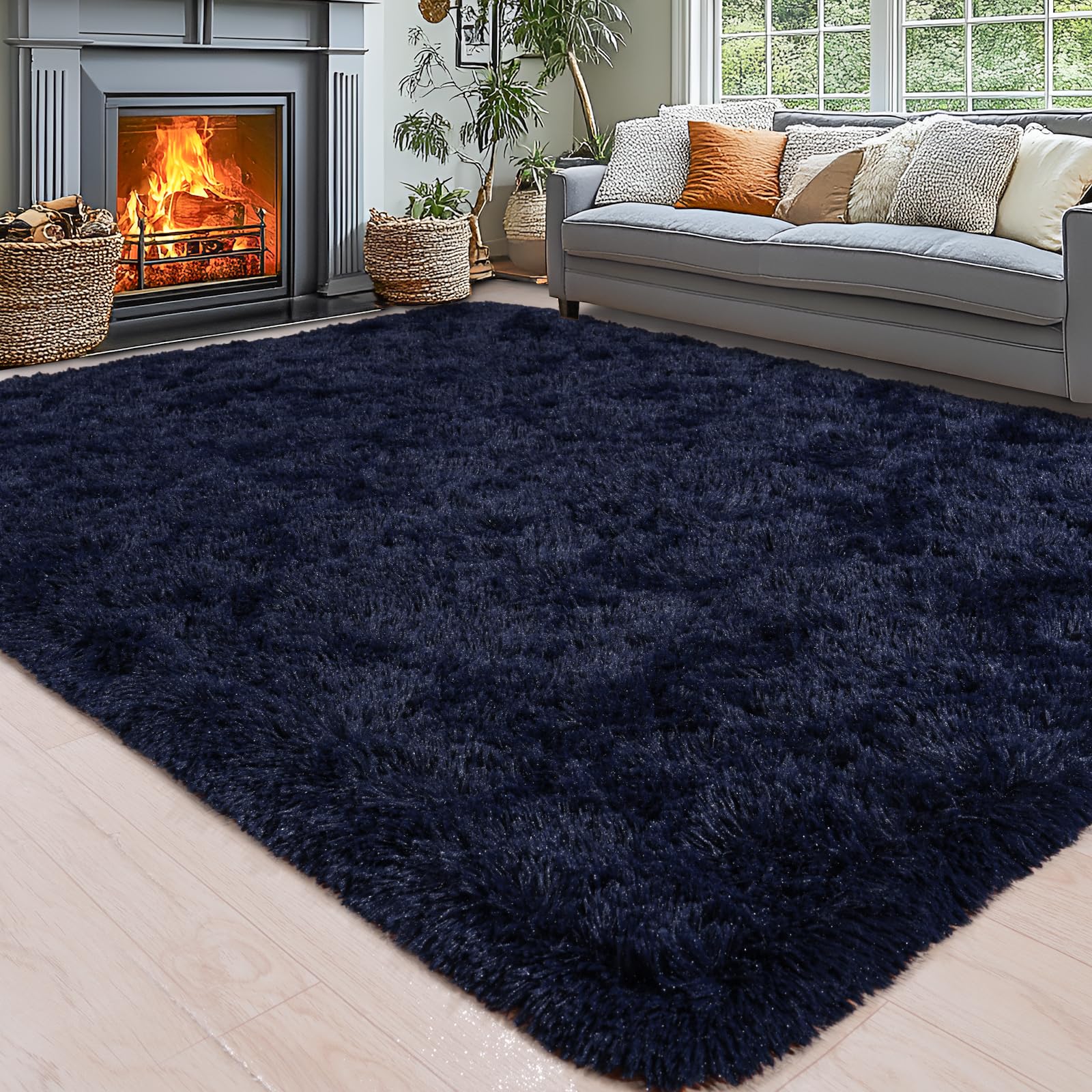 Photo 1 of Area Rugs for Living Room 6x9, Ultra Soft Fluffy Rug for Bedroom, Modern Shaggy Carpets Fuzzy Rug for Girls Boys Room Home Indoor Nursery Teens Dorm Decor, Upgrade Non-Slip Durable, Dark Blue