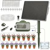 Solar Drip Irrigation System Timed Watering, Programmable Solar Water Drip for 15 Plants, Drip Irrigation Kit with 33FT 1/4'' Tube, 15x Tee Fitting, 15x Flow Valve, 15x Drip Stake(Solar Powered)