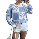 GORGLITTER Women's Bow Sweater Color Block Crewneck Long Sleeve Knitted Pullover Tops