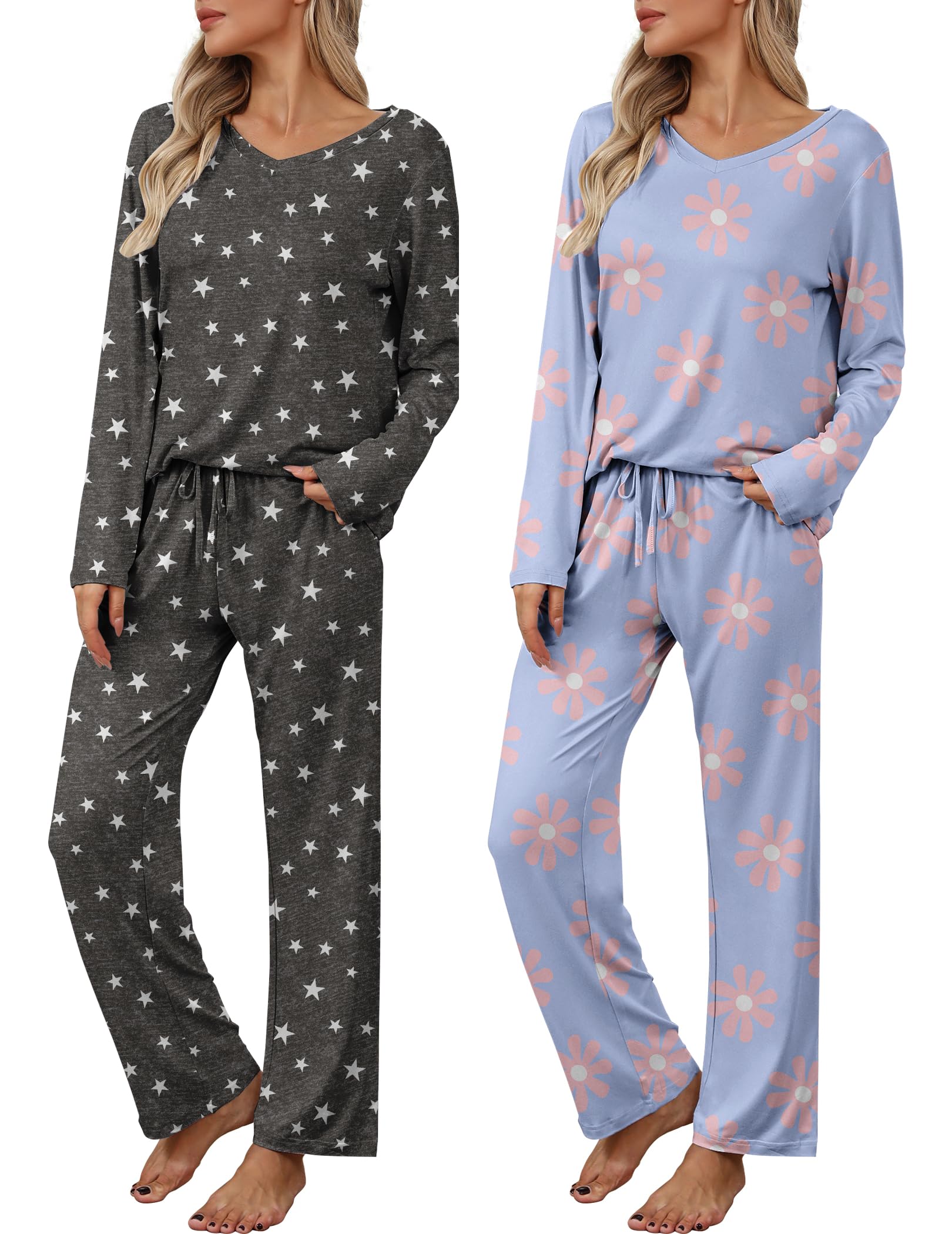 Ekouaer Womens 2 Pack Pajama Set Long Sleeve Pajamas Top and Pants V Neck Pjs Set Soft Loungewear with Pockets Image Ekouaer Womens 2 Pack Pajama Set Long Sleeve Pajamas Top and Pants V Neck Pjs Set Soft Loungewear with Pockets Image