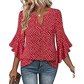 Bebonnie Womens Tops Dressy Casual Ruffle 3/4 Sleeve Henley V Neck Chiffon Blouses with Buttons