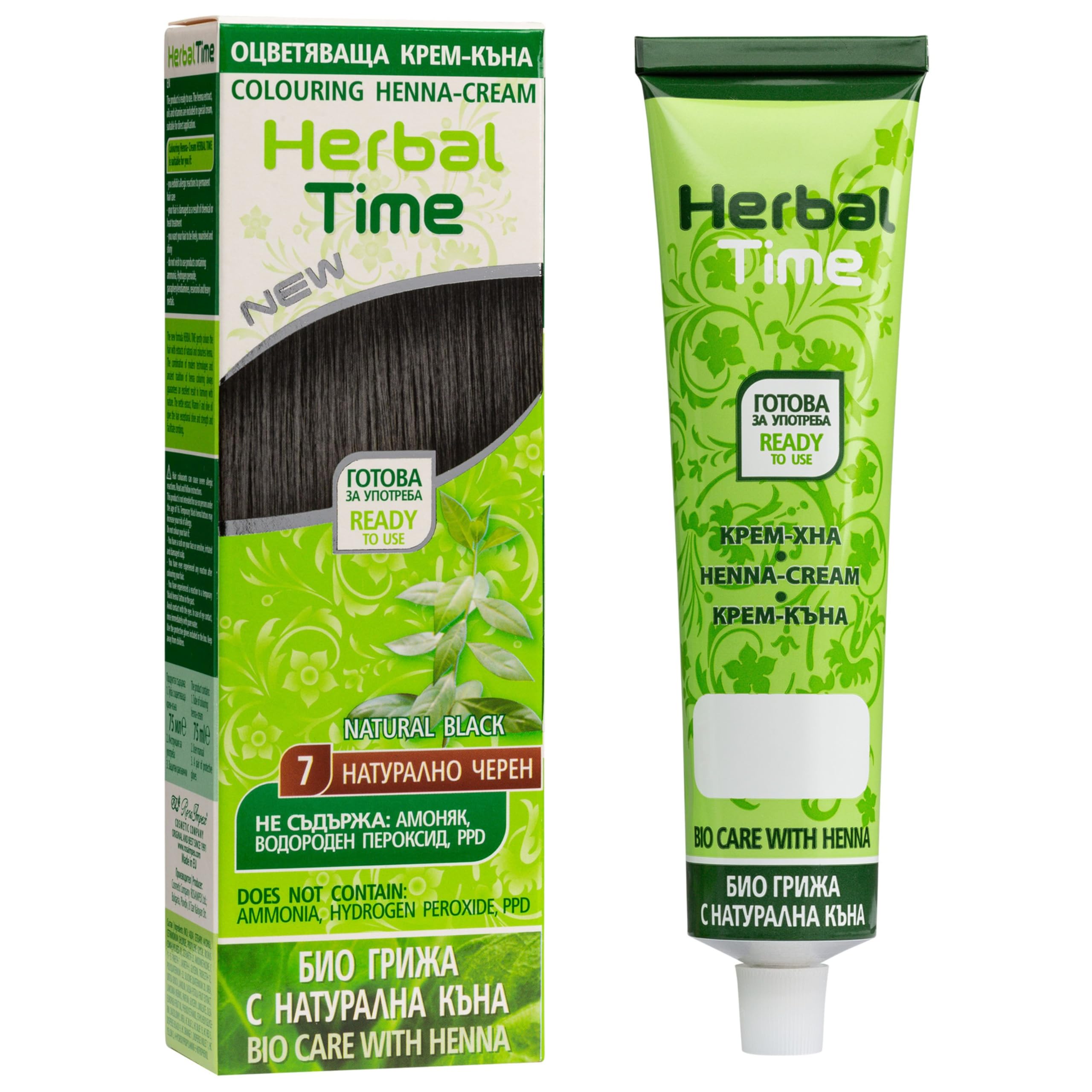 Herbal Time Henna Natural Cream Color Natural Black Nº 7 | Henna Coloring Cream with Nettle Extract | Gray Hair Cover | Temporary Color Dye Creame | Ammonia Free, Sulfates Free, Parabens Free | 75 ml
