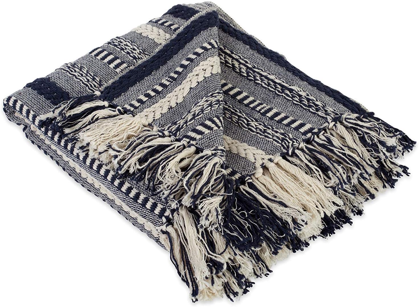 Craftngifts Weekend Sale - Reversible 100% Cotton Throw - Big 60 x 50 Inch Hand-Woven Throw Blanket Blue & White with Tassels Throws for Couch Sofa Chair - Home Decor Furnishings