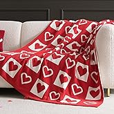 Amelie Home SuperCozy Jacquard Knit Chenille Throw Blanket, Heartful Aesthetic Gift for Valentine's Day, Easter Day & Mother's Day, 50"x60", Red/White Heart Checkerboard