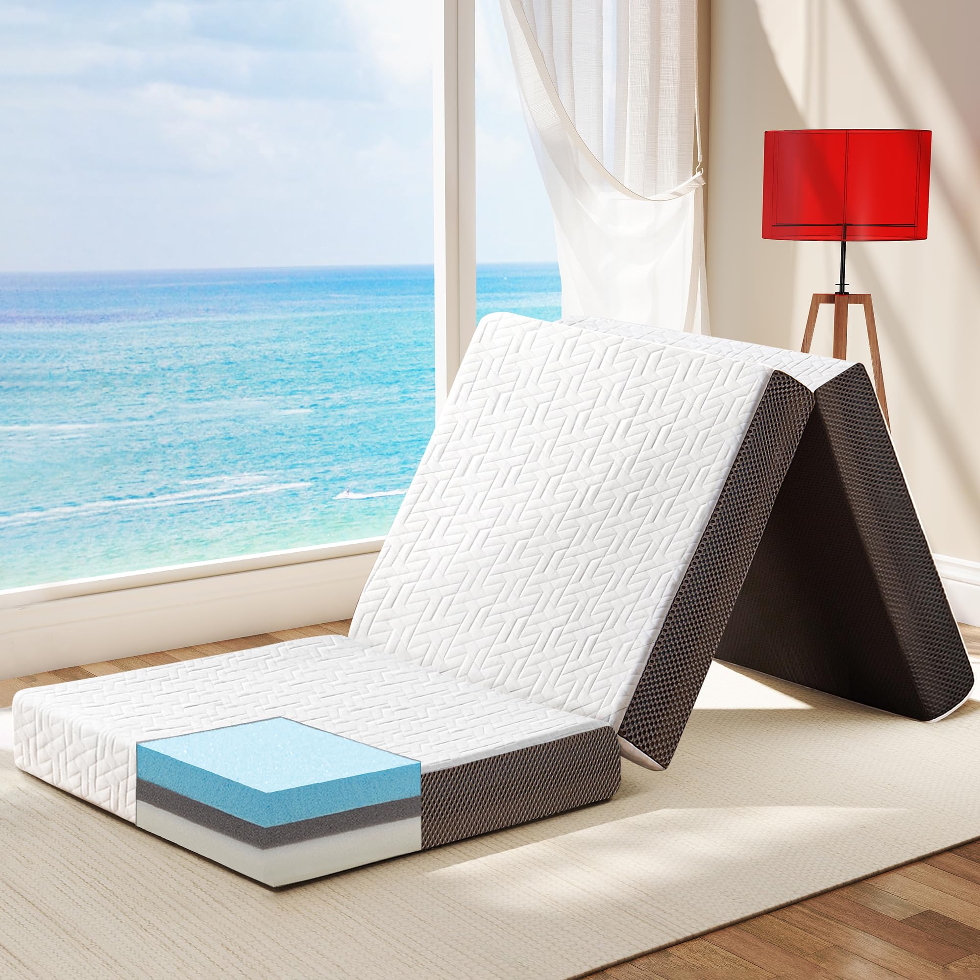 Photo 1 of Hanherry 4 Inch Foldable Mattress Twin Size, Tri-Folding Portable Memory Foam Topper Floor Bed with Storage Bag, Washable Cover for Travel, Camping, RV, Guest