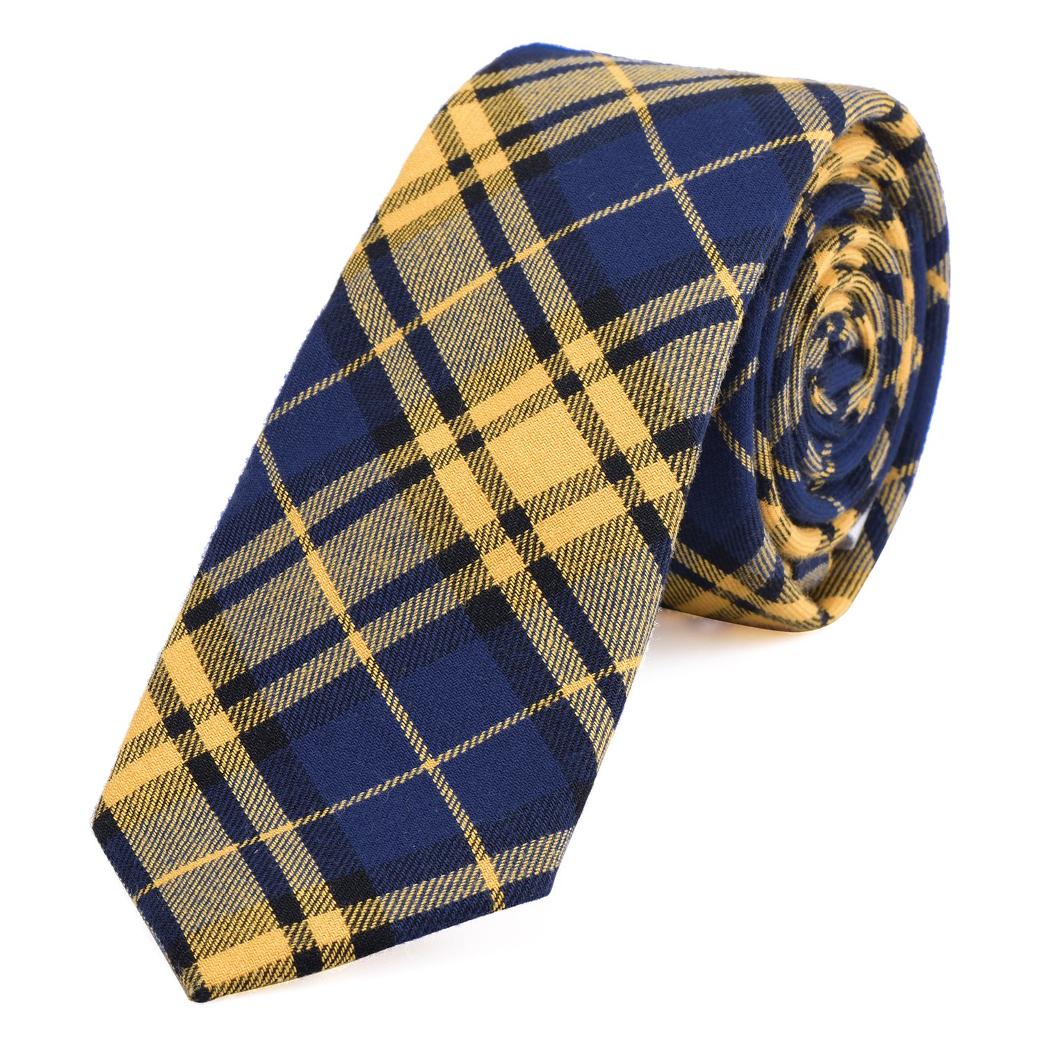 DonDon Men's Narrow Cotton Necktie Tie 2.36 inch 6 cm - yellow dark blue checkered
