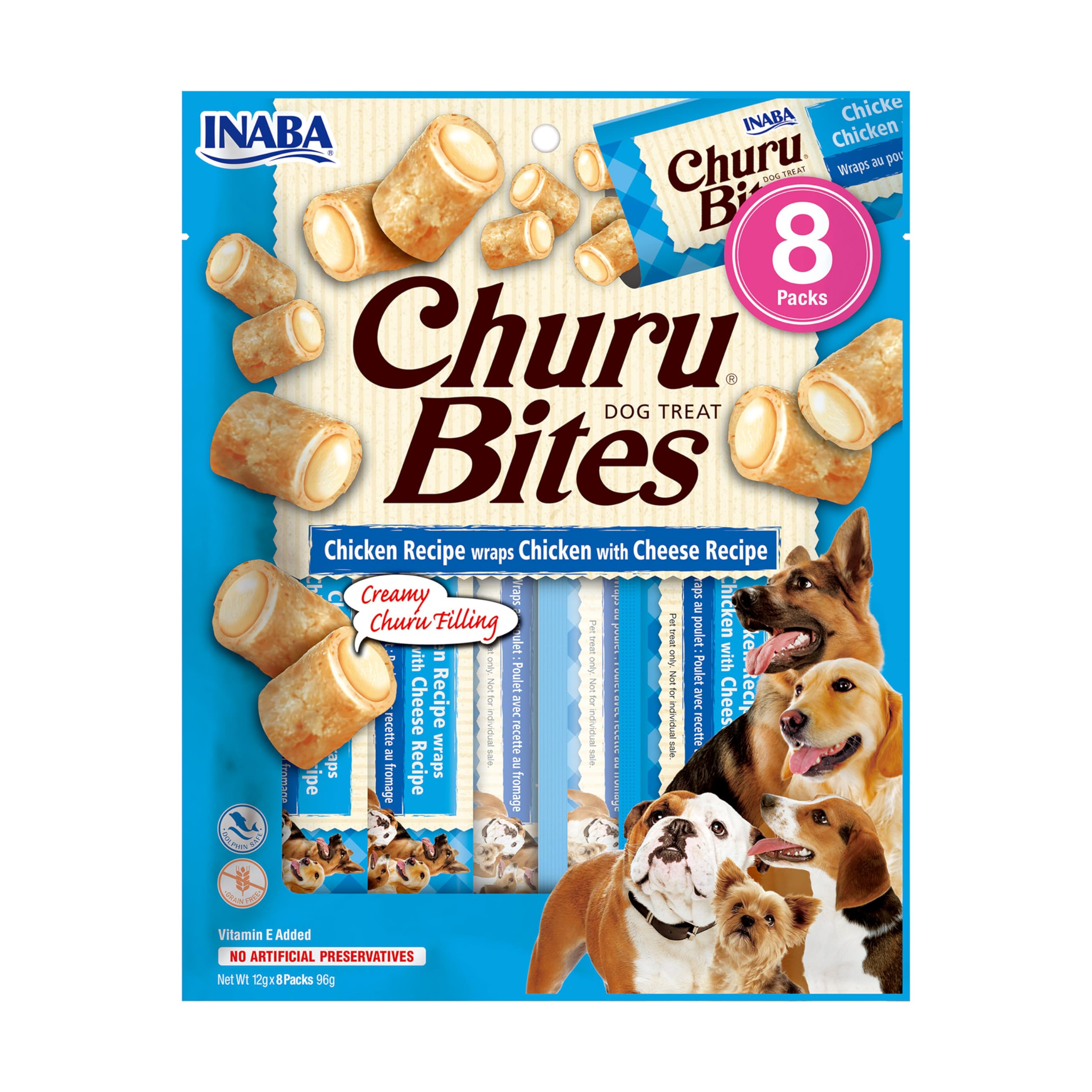 Churu Bites by INABA Dog Treat - Chicken & Cheese Flavour (8 x 12g) / Crispy Pouches with Creamy Filling Dog Treat, Delicious & Healthy Snack for Dogs, Training Treat, Natural, Grain Free
