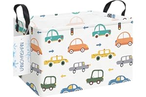 LANGYASHAN Rectangular Storage Bin Collapse Canvas Fabric Cartoon Storage Basket with Handles for Organizing Home Kitchen Boys and Girls Toys Office Closet Shelf Baskets(Rec Color Cars)