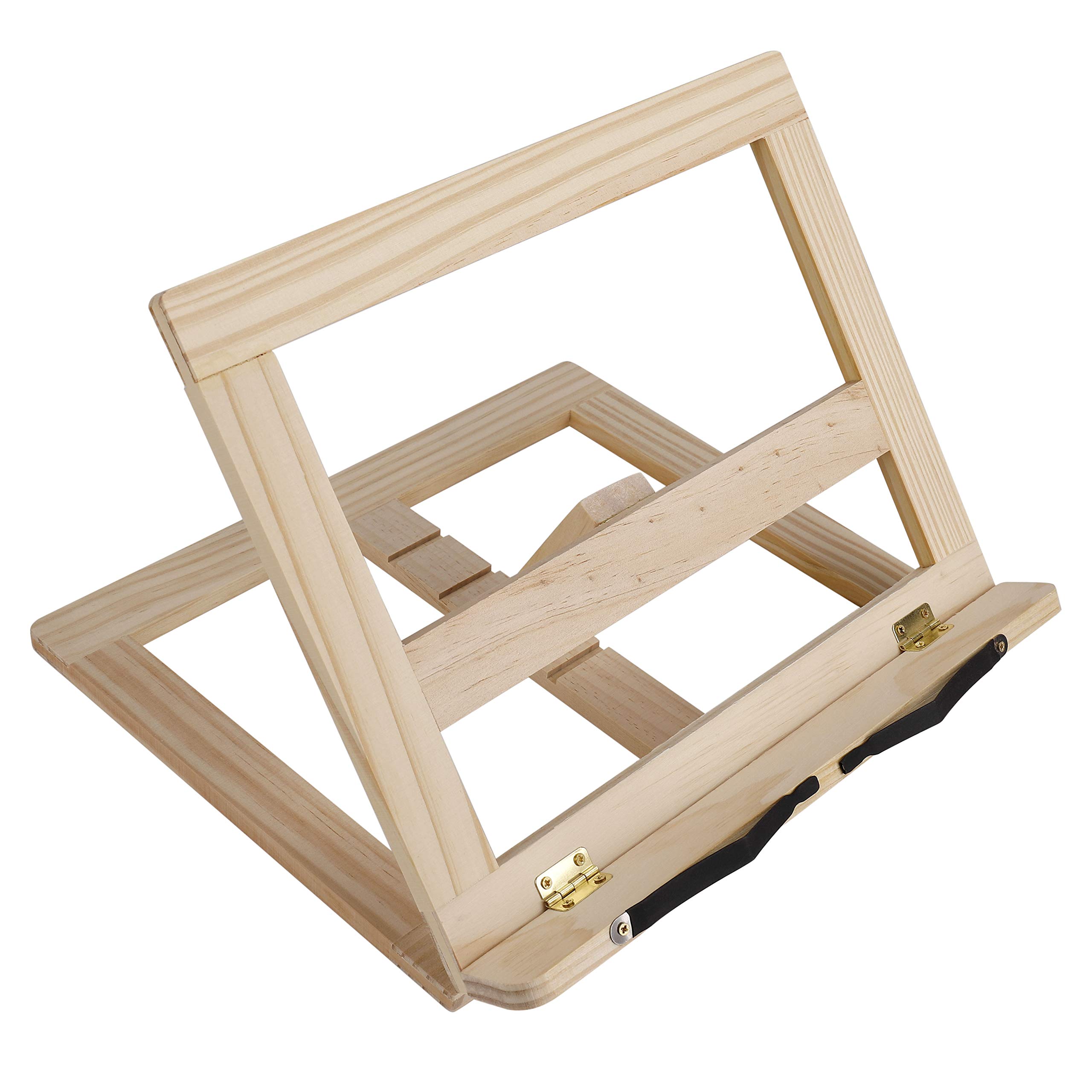 Book Stand Wooden Cookbook Holder Reading Rest with 2 Metal Page Holders, Foldable Desktop Laptop Rack for Recipe, Music Notes, Tablet PC with 4 Adjustable Heights