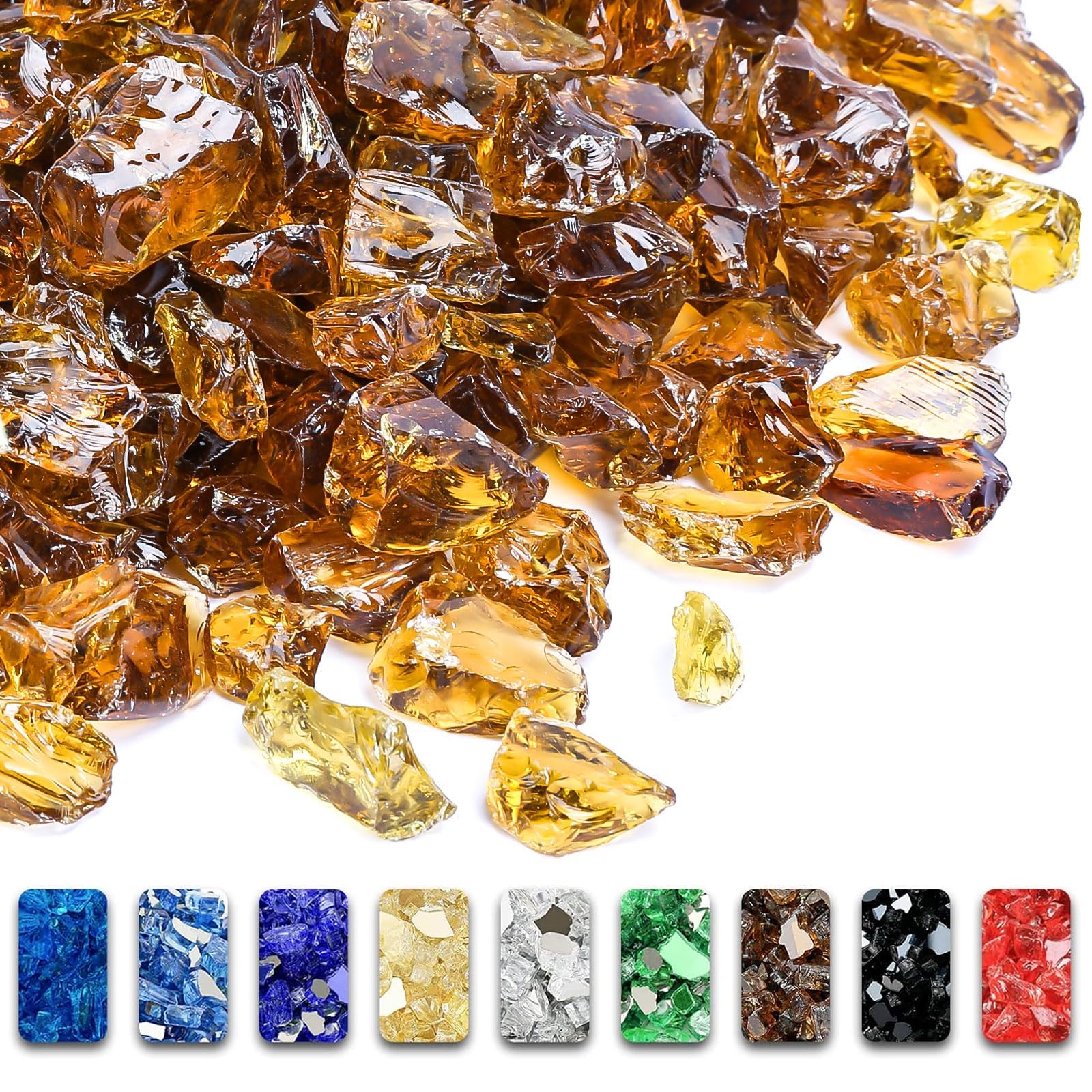 Photo 1 of GRISUN Golden Amber Fire Glass for Fire Pit - 1/2 Inch 10 Pounds Tempered Glass Rocks for Natural or Propane Fireplace, Safe for Outdoors and Indoors Firepit Glass