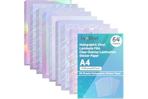 Lya Vinyl 64 Sheets Holographic Sticker Paper, Clear Vinyl Self Adhesive Sheets, 8.25x11.7 Inch Transparent Overlay Sticker Film laminates