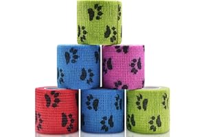 KREYFER 6 Roll 2 Inch x 5 Yards Paw Print Pet Vet Wrap for Dogs Cats, Cohesive Bandages in Bulk, Colorful Non-Woven Self Adhesive Bandages Wrap Roll for Pet Animals Wound Care, Ankle Sprains and Swelling