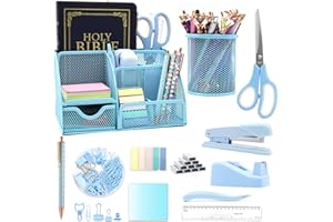 SHELLVCASE 12 in 1 Blue Desk Organizers and Accessories Set, Blue Gifts for Coworkers, Blue Office Supplies Include Blue Stapler Pen Holder Tape Holder Staples Scissors Ruler Staple Remover for Home School
