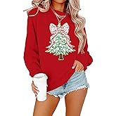 Christmas Sweatshirts for Women Merry and Bright Sweatshirt Xmas Tree Graphic Pullover Holiday Long Sleeve Shirt