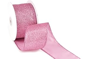 MAYREEL Pink Ribbon Wired 2.5 Inch Glitter Wired Ribbon Pink Christmas Decorations Pink Ribbon for Wreath Supplies Christmas Tree Ribbon Wired Garland Topper Bow Crafts - 10 Yards