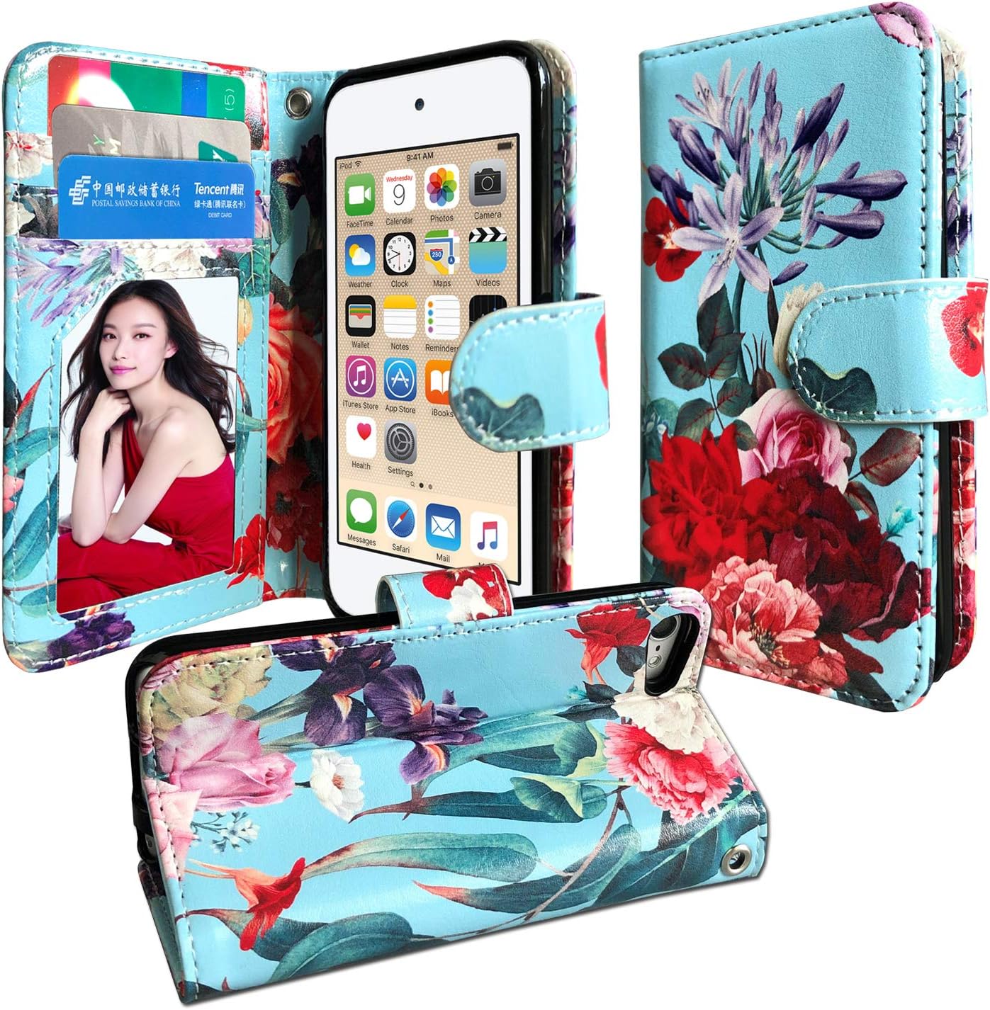 J.west iPod Touch 7th 6th 5th Generation Case, Sunflower iPod Touch Wallet case Magnetic Floral Faux Leather Flip Case Cover Heavy Duty Protection with 3 Cash Card Holder Kickstand and Wrist Strap