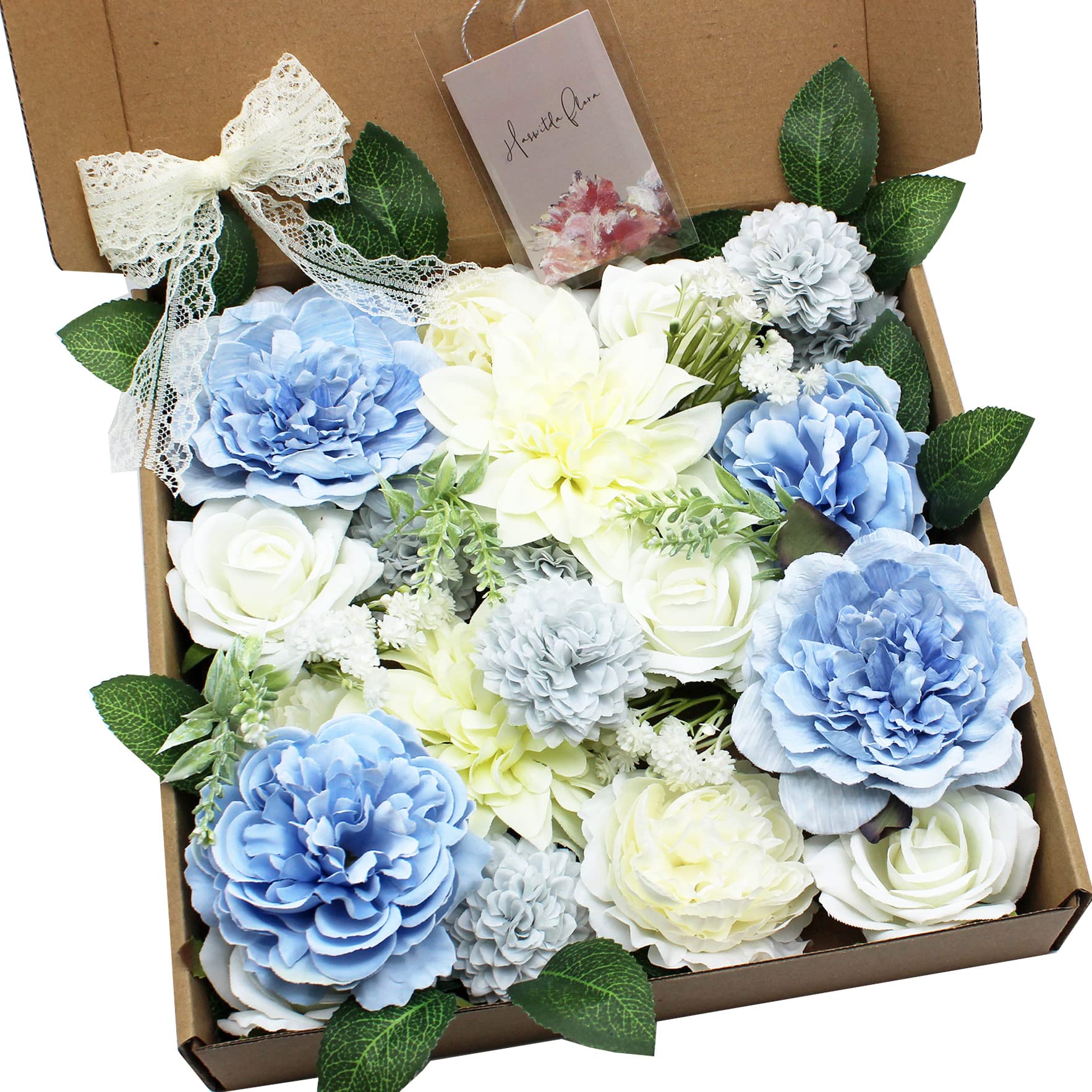 HASWITDA Artificial Silk Flower Bouquet Box Faux Flower Head Fake Table Decoration Arrangement for Wedding Birthday Baby Shower Party Blue & White